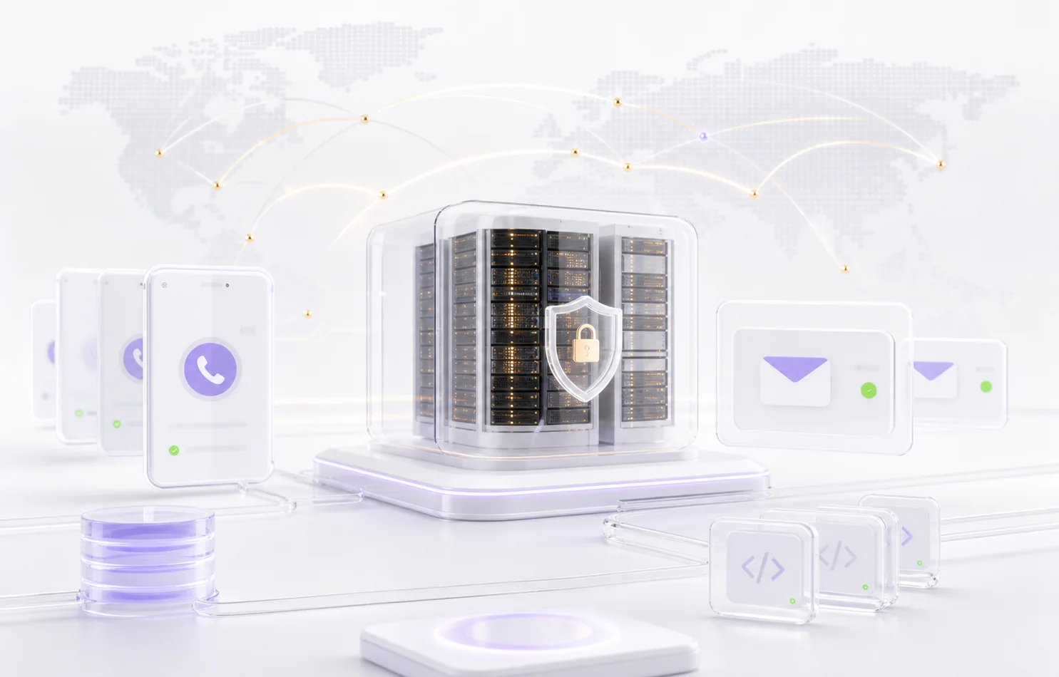 A white premium infrastructure scene with phones, email, API blocks, and a protected global network