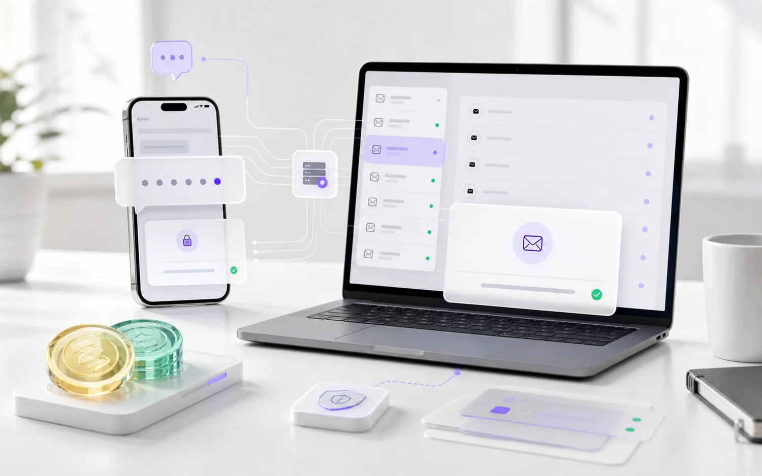 A bright workspace visual showing SMS and email verification flowing between phone, laptop, and wallet